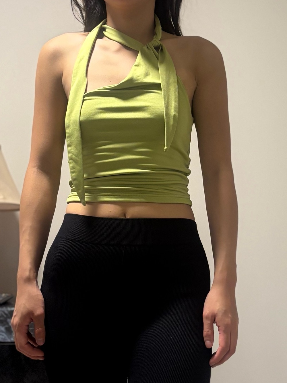 Women’s Lime Green One Shoulder Halter Crop Top with Attached Tie Scarf